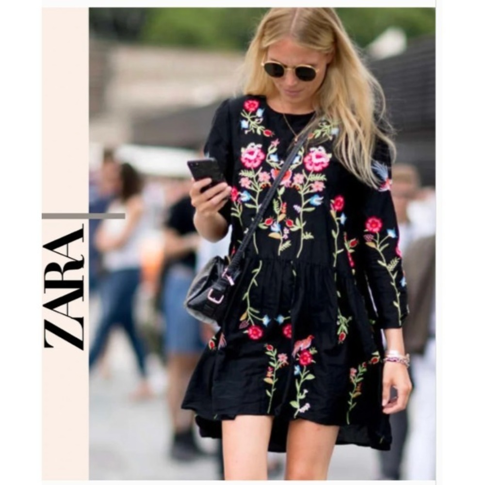 Zara Babydoll Boho Floral Butterfly Cotton Gauzy Embroidered Swing Dress M Black